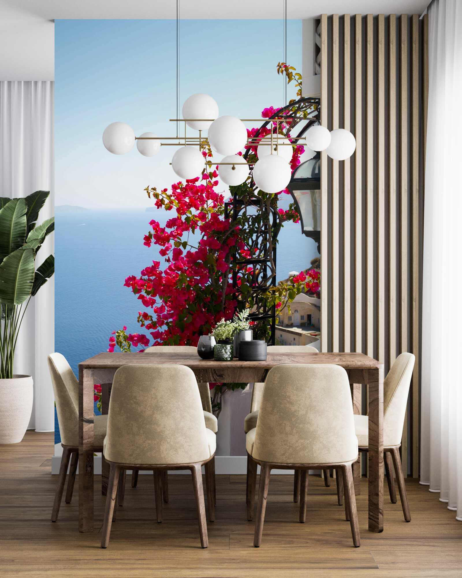 Fotobehang Een boog bij de vijver, doorweven met bloeiende rode bloemen