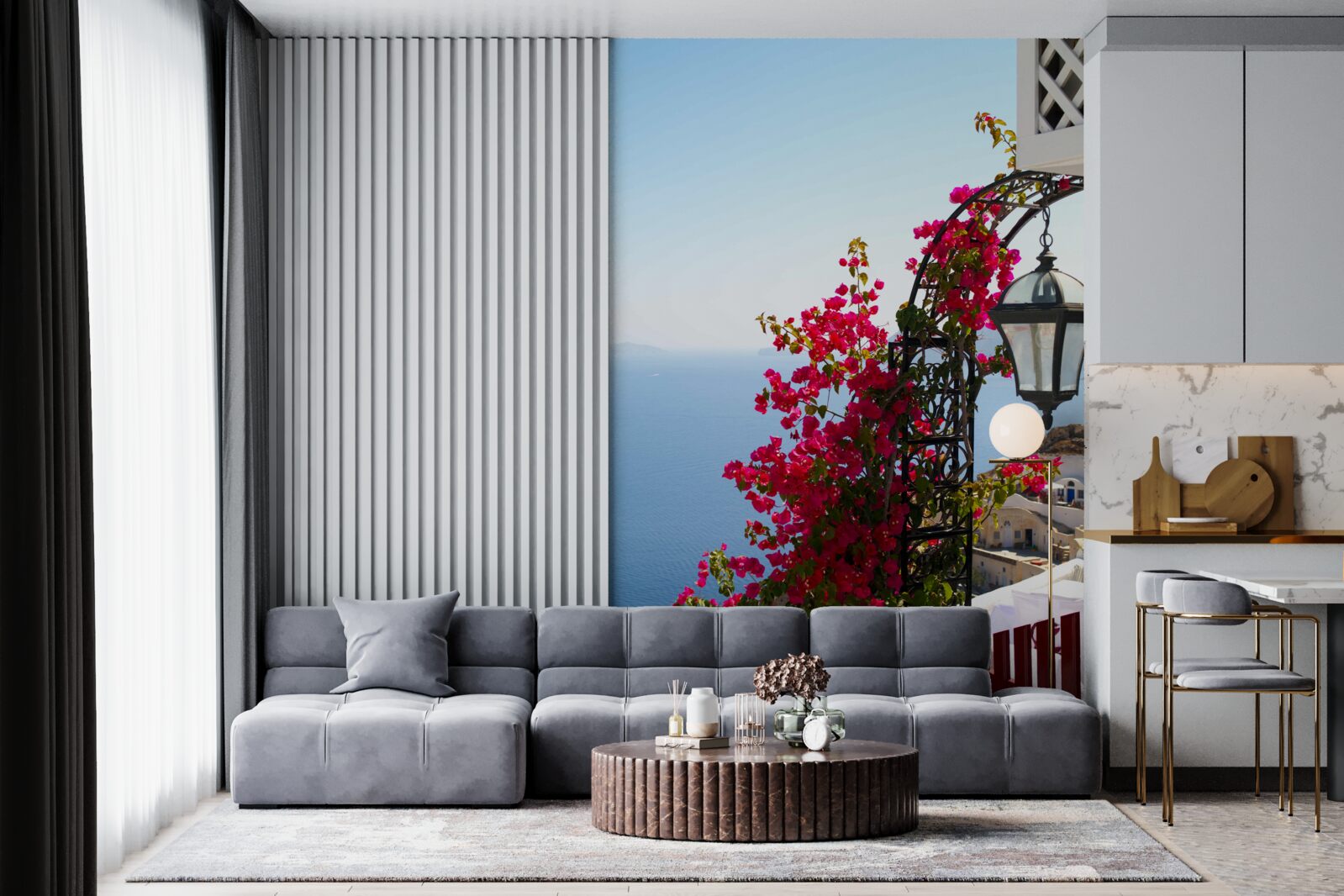 Fotobehang Een boog bij de vijver, doorweven met bloeiende rode bloemen