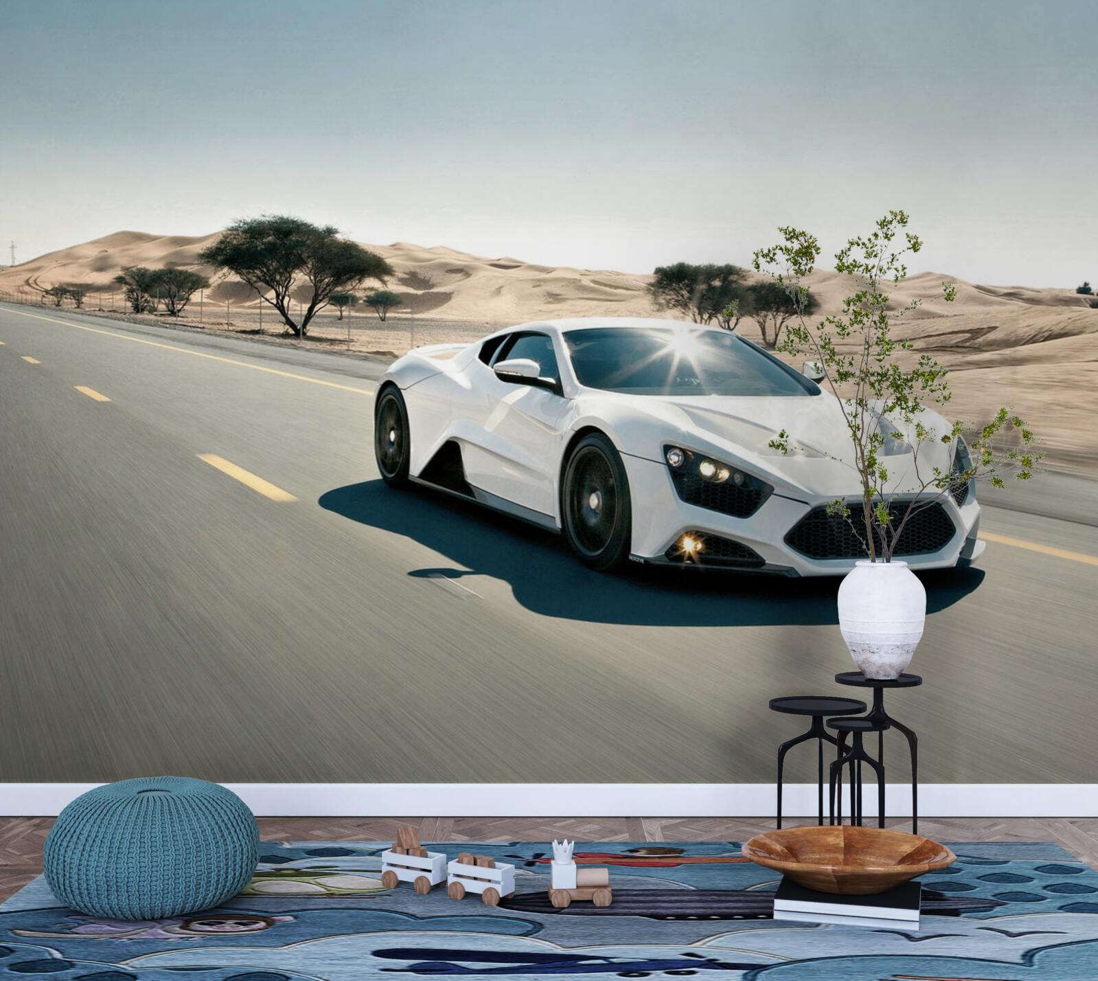 Fotobehang een witte sportwagen rijdt over een lege weg