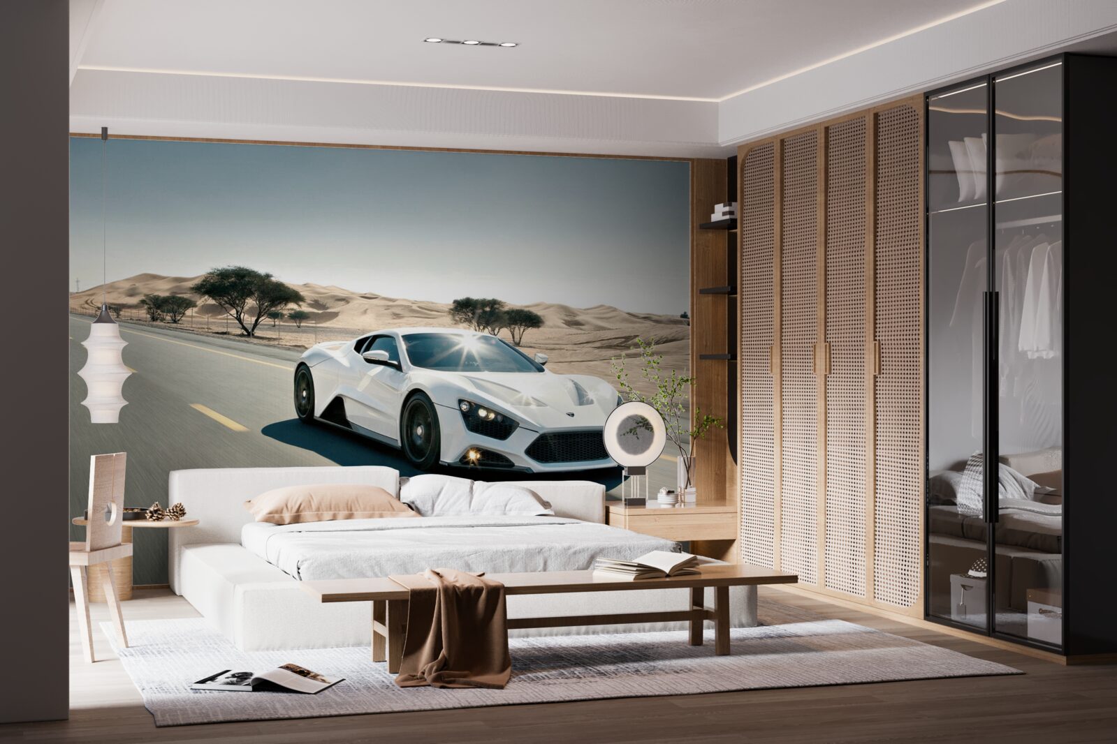 Fotobehang een witte sportwagen rijdt over een lege weg