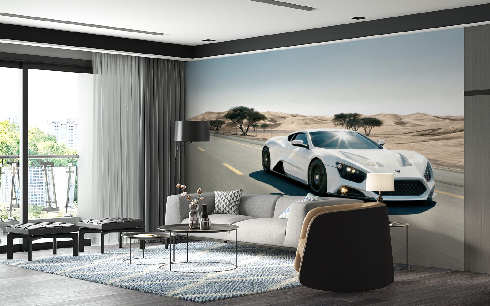 Fotobehang een witte sportwagen rijdt over een lege weg