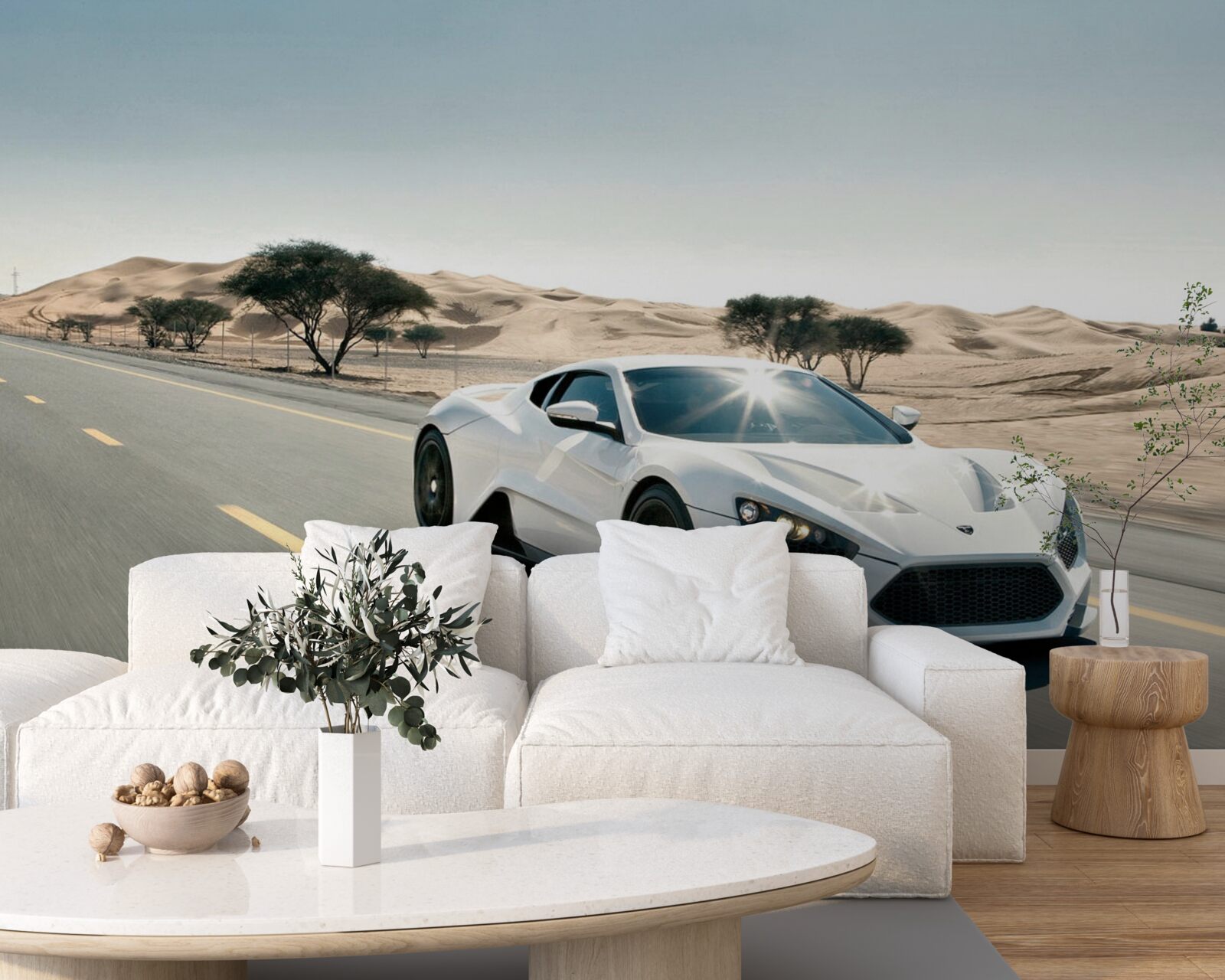 Fotobehang een witte sportwagen rijdt over een lege weg