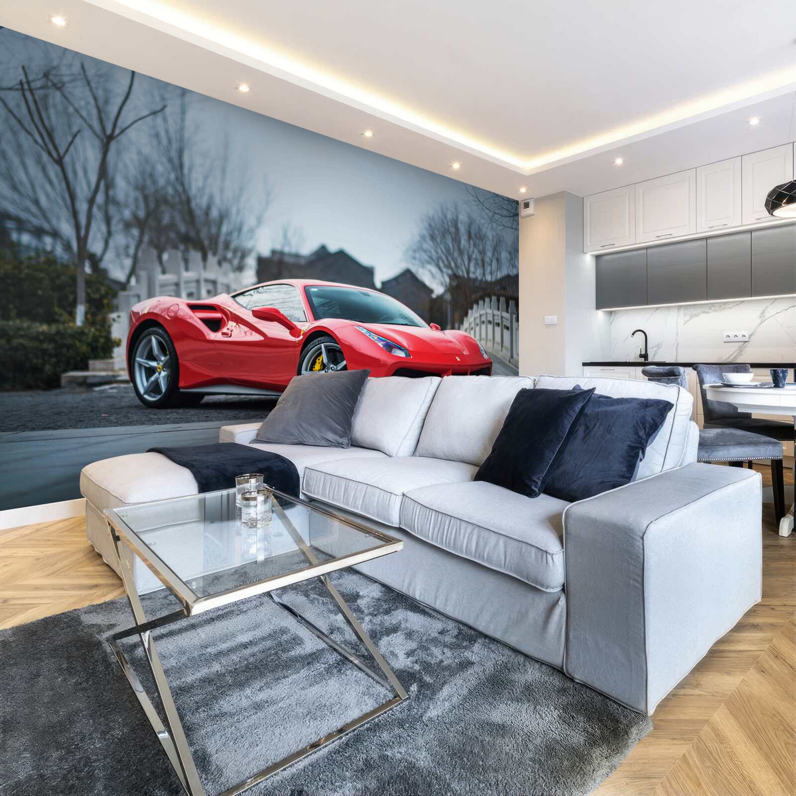 Fotobehang een prachtige scharlakenrode ferrari in regenachtig weer