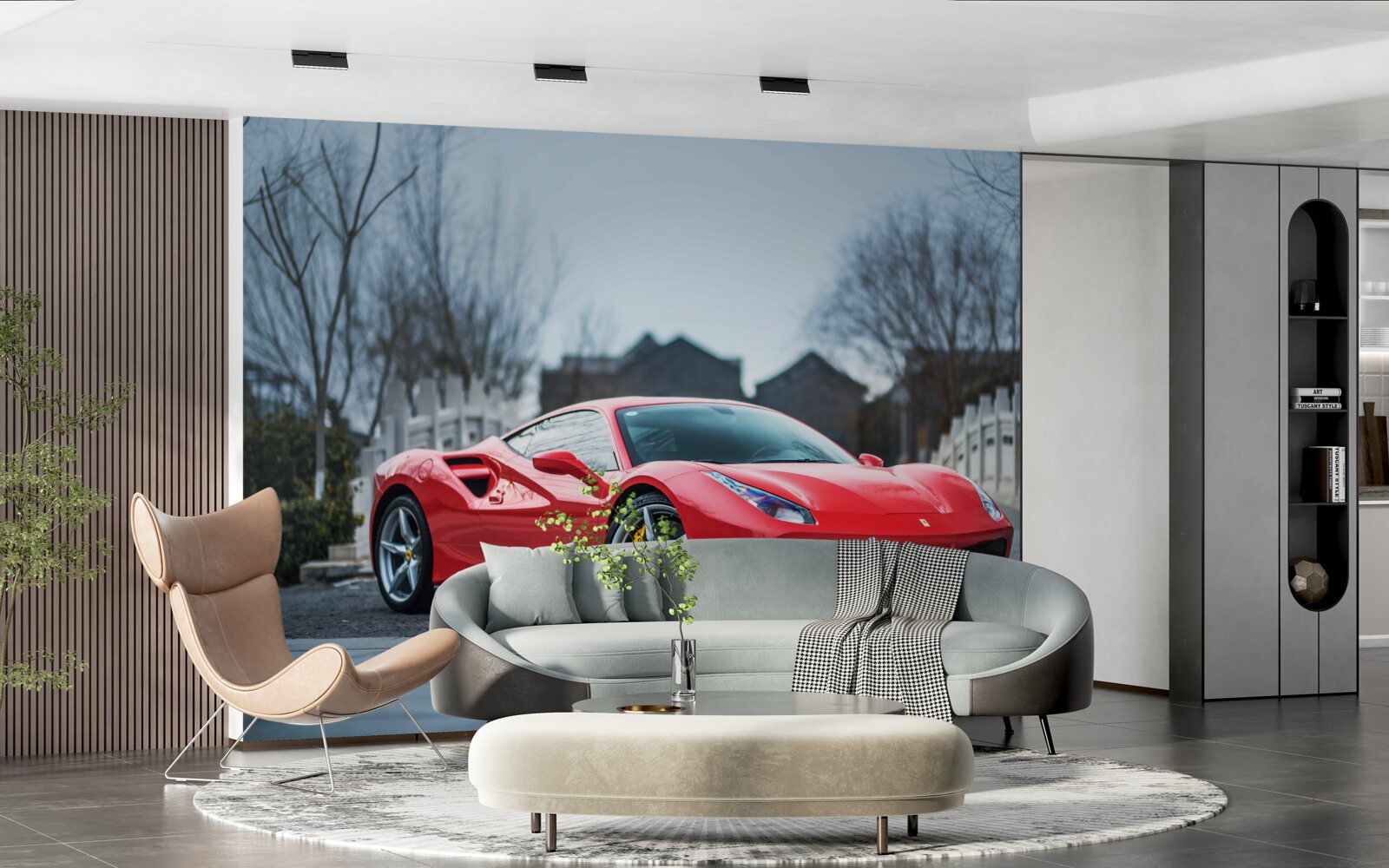 Fotobehang een prachtige scharlakenrode ferrari in regenachtig weer