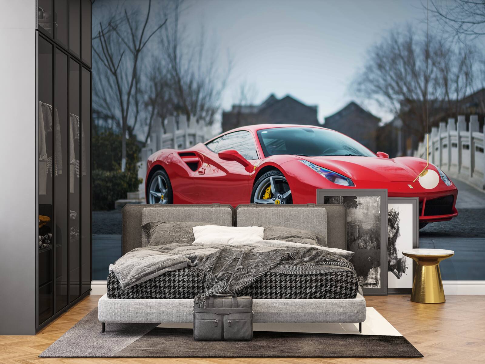 Fotobehang een prachtige scharlakenrode ferrari in regenachtig weer