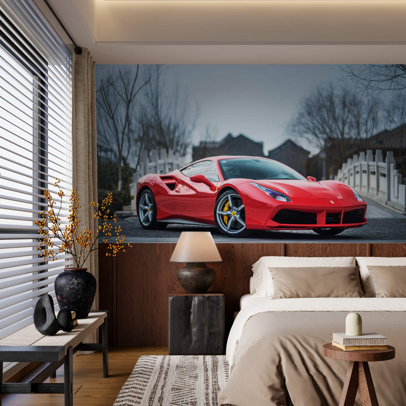 Fotobehang een prachtige scharlakenrode ferrari in regenachtig weer