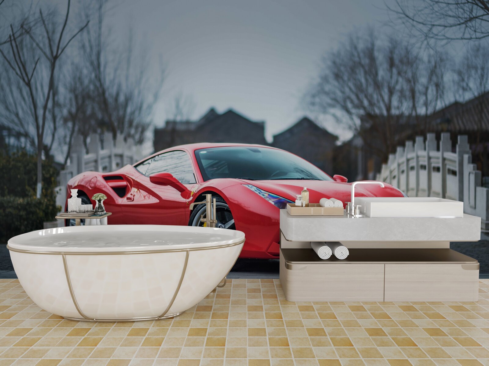 Fotobehang een prachtige scharlakenrode ferrari in regenachtig weer