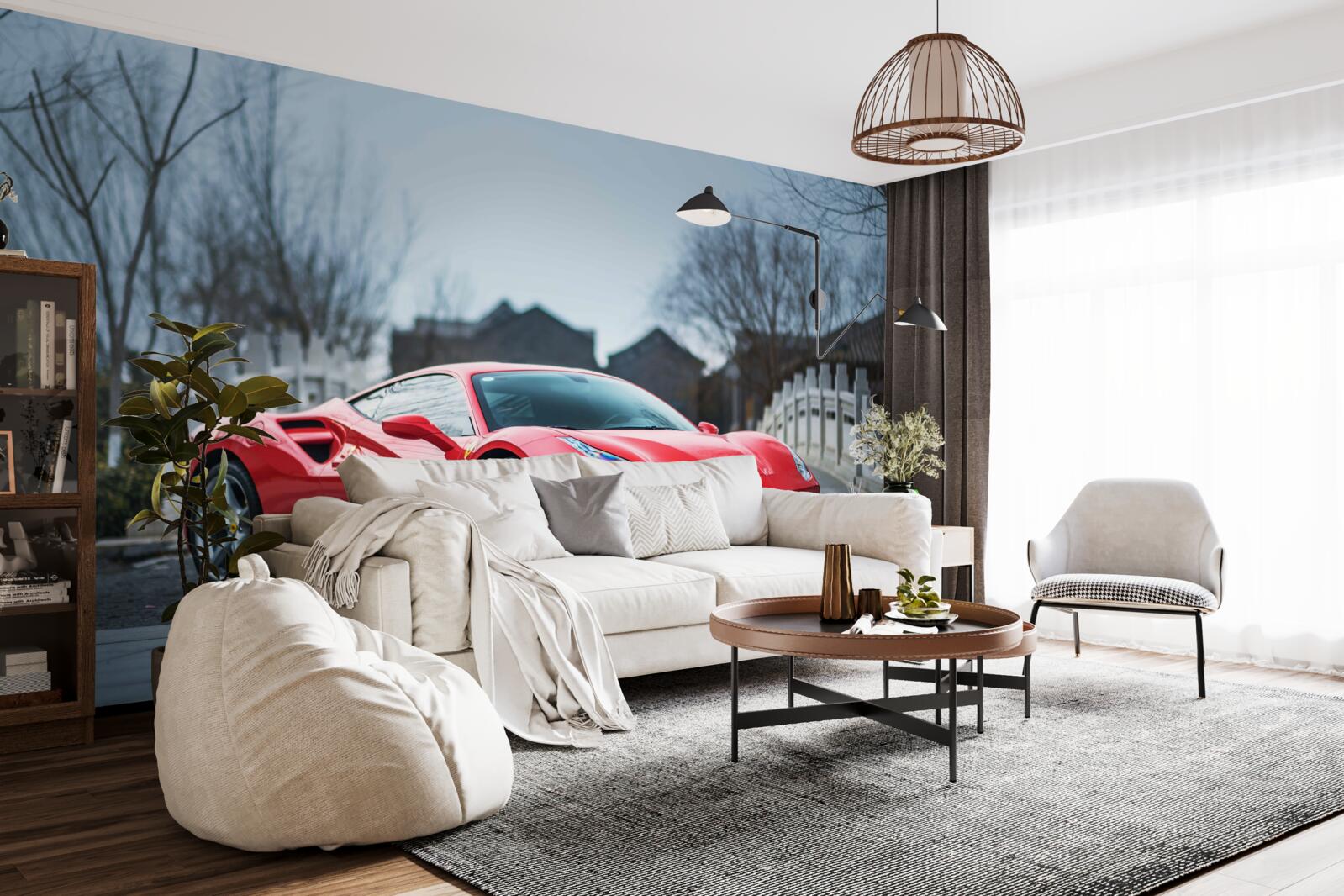 Fotobehang een prachtige scharlakenrode ferrari in regenachtig weer