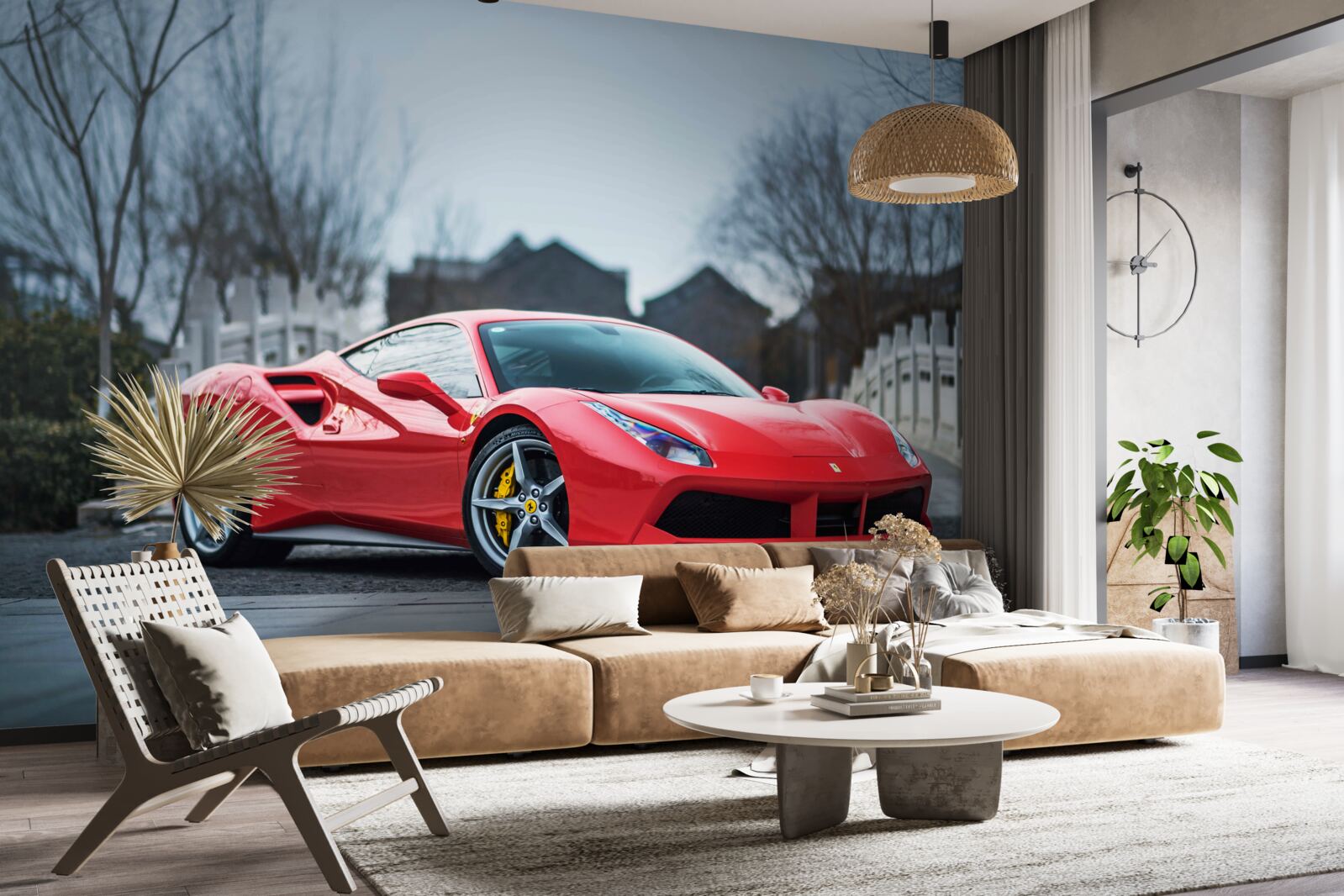Fotobehang een prachtige scharlakenrode ferrari in regenachtig weer