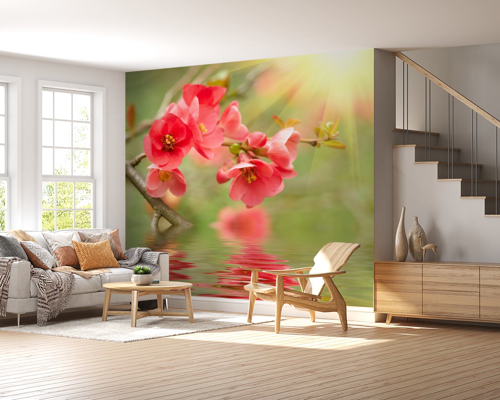 Fotobehang Scharlakenrode sakurabloesems glinsteren boven het water op een zonnige dag