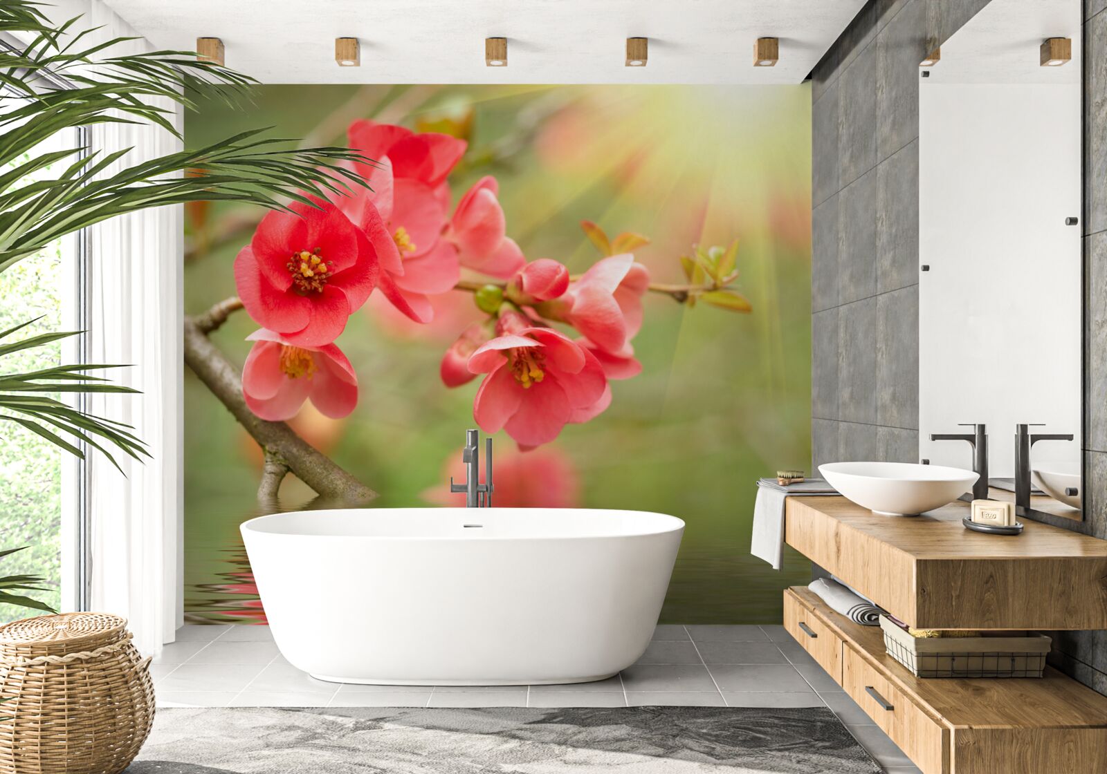 Fotobehang Scharlakenrode sakurabloesems glinsteren boven het water op een zonnige dag