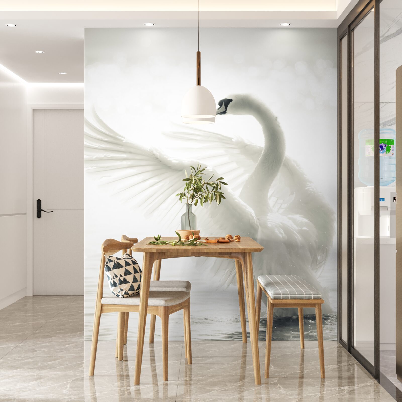 Fotobehang witte zwaan valt in het water