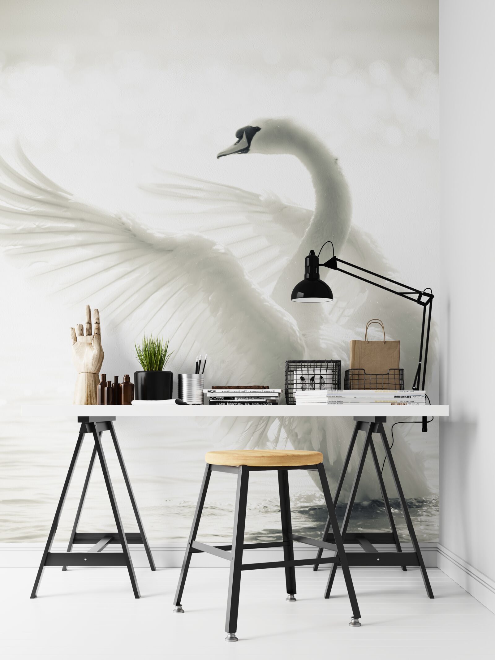 Fotobehang witte zwaan valt in het water