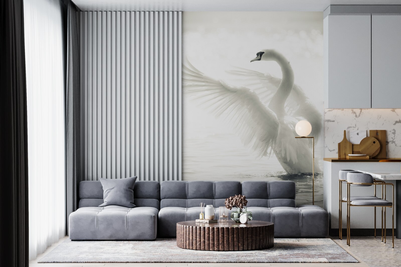 Fotobehang witte zwaan valt in het water