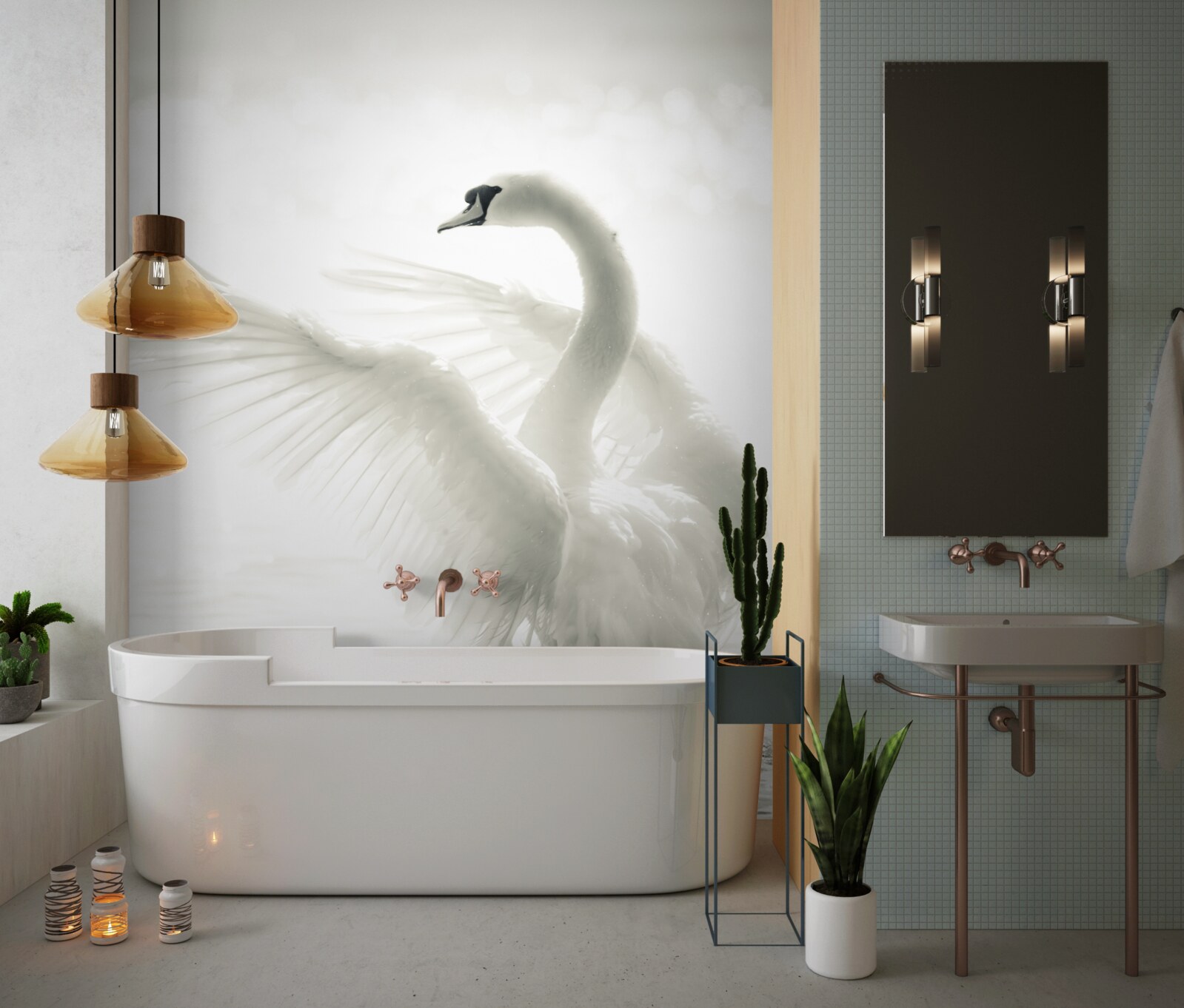 Fotobehang witte zwaan valt in het water