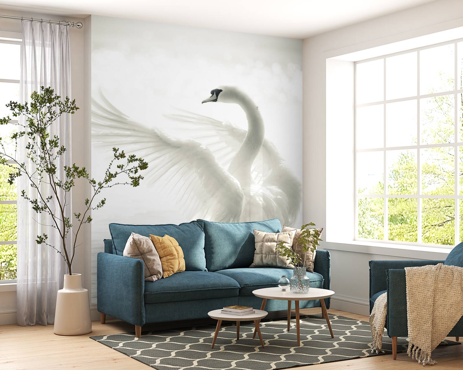 Fotobehang witte zwaan valt in het water