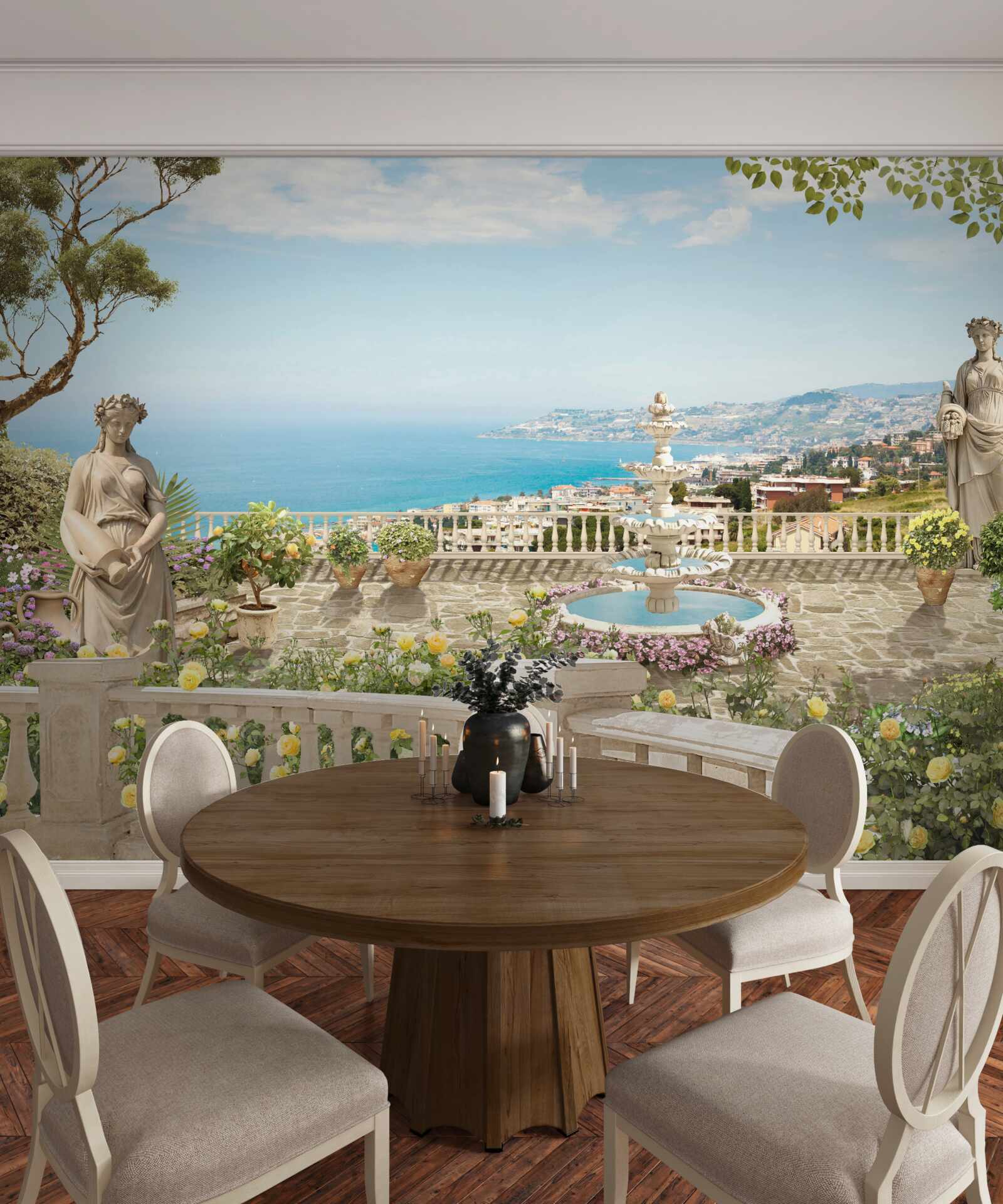 Fotobehang stenen uitkijkterras met fontein en oceaanzicht