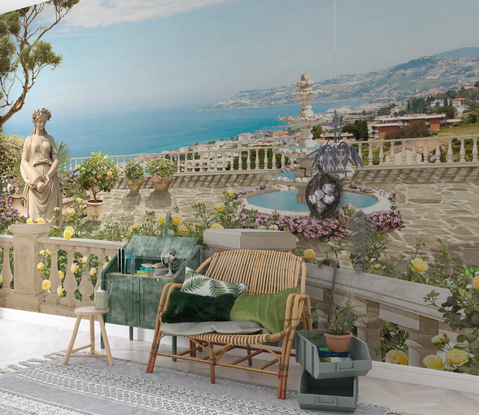 Fotobehang stenen uitkijkterras met fontein en oceaanzicht