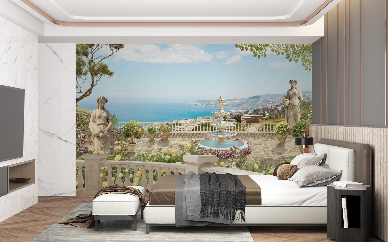 Fotobehang stenen uitkijkterras met fontein en oceaanzicht