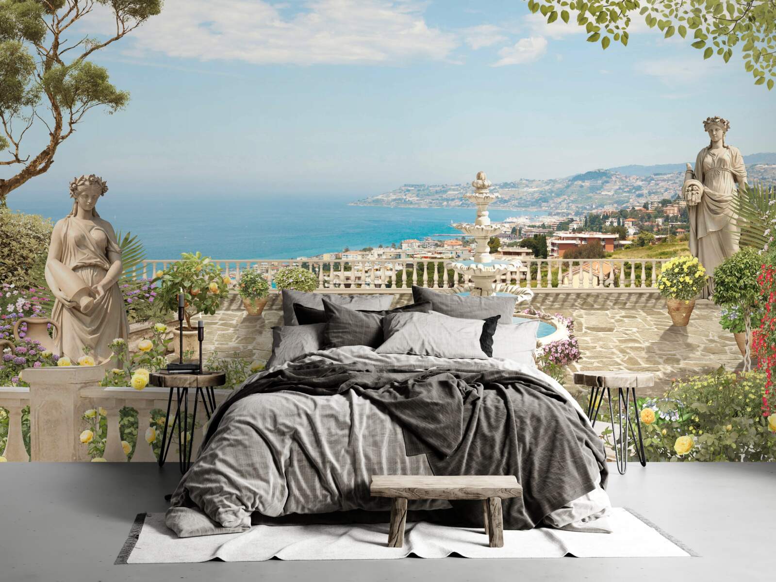 Fotobehang stenen uitkijkterras met fontein en oceaanzicht