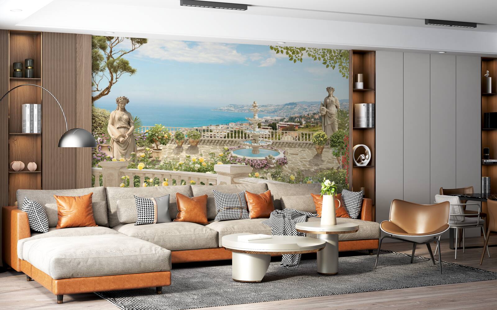 Fotobehang stenen uitkijkterras met fontein en oceaanzicht