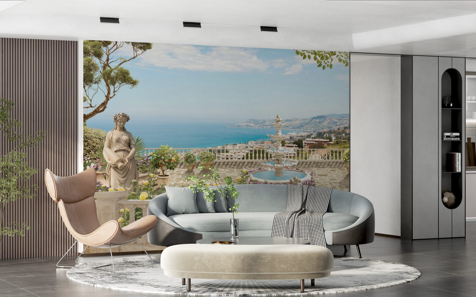 Fotobehang stenen uitkijkterras met fontein en oceaanzicht