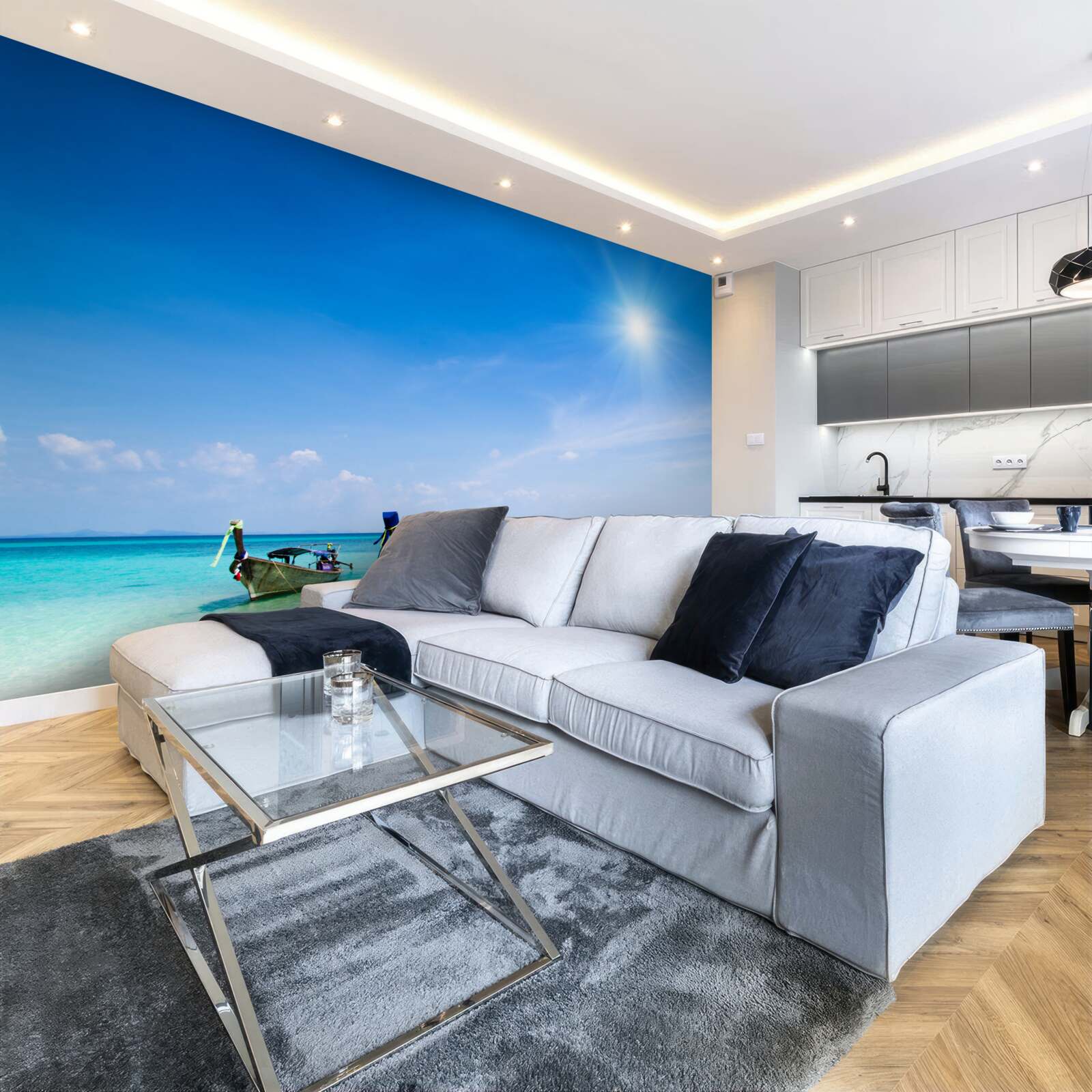 Fotobehang bij helder daglicht zijn de jachten zichtbaar op het apparaat