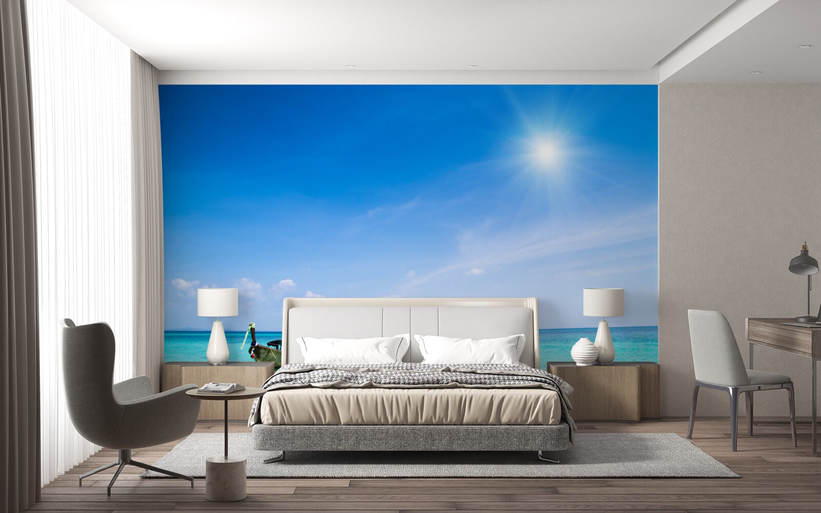 Fotobehang bij helder daglicht zijn de jachten zichtbaar op het apparaat