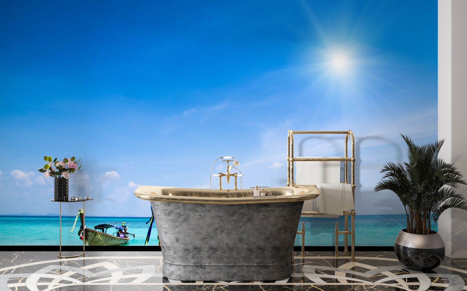 Fotobehang bij helder daglicht zijn de jachten zichtbaar op het apparaat