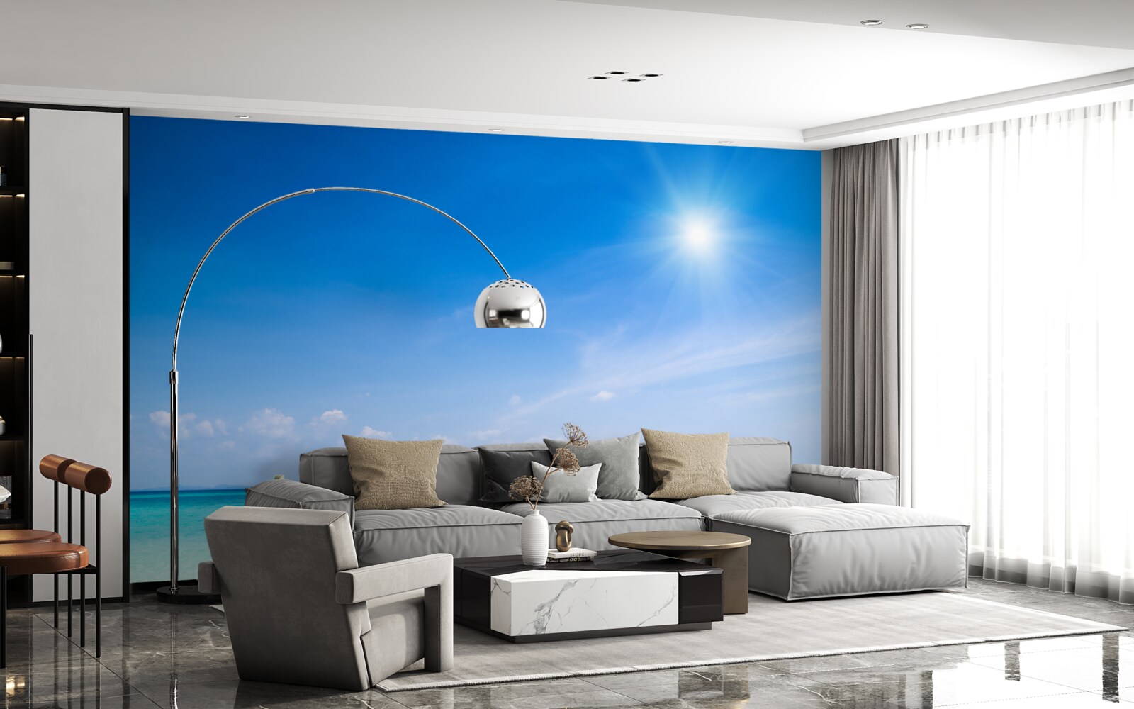 Fotobehang bij helder daglicht zijn de jachten zichtbaar op het apparaat