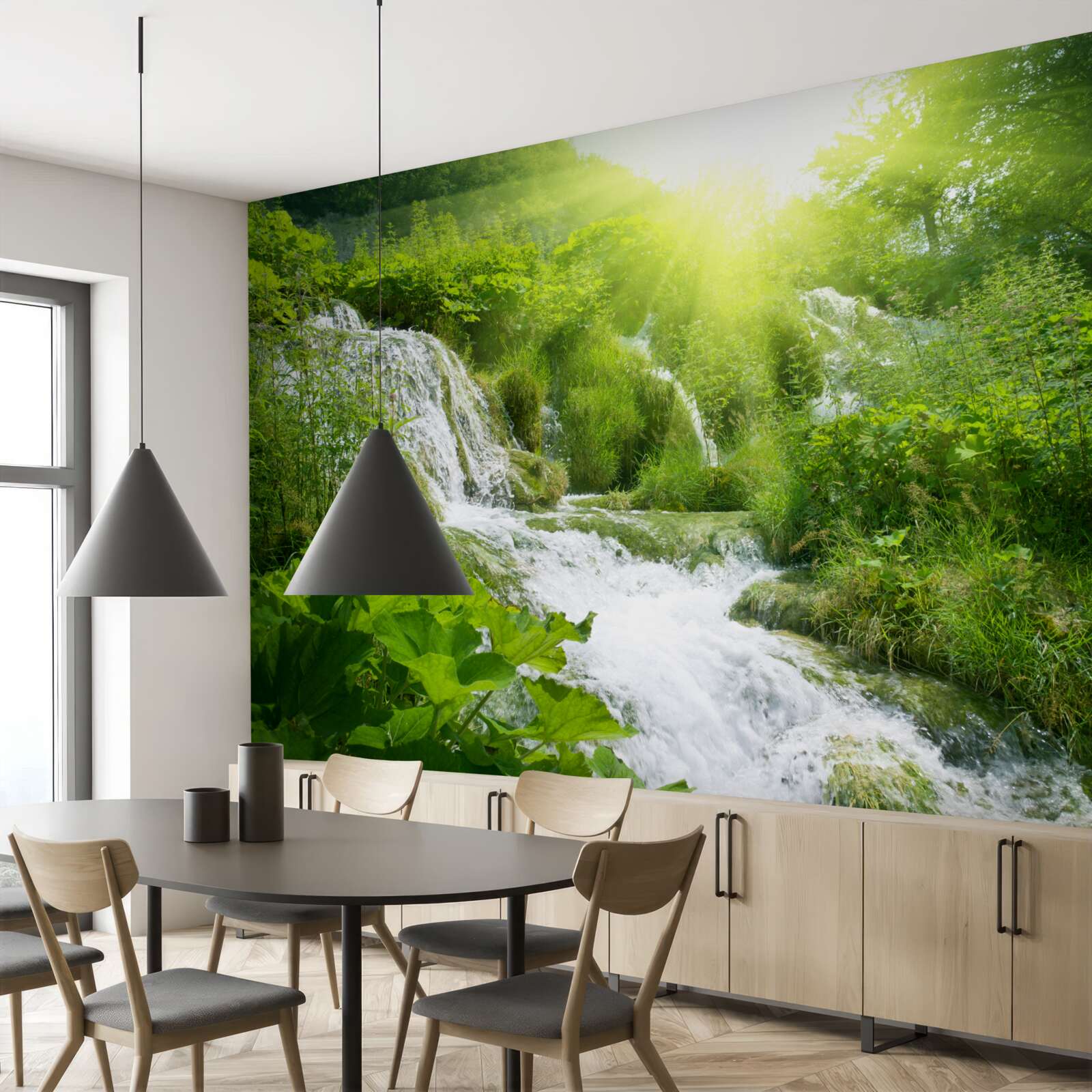 Fotobehang een verblindende zon verlicht een schuimende waterval