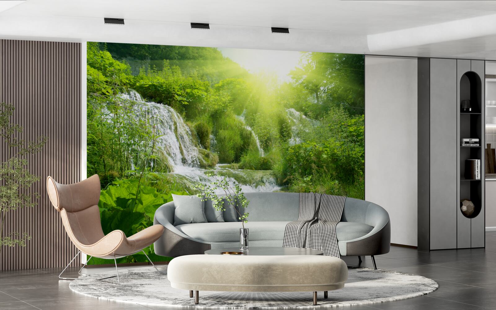 Fotobehang een verblindende zon verlicht een schuimende waterval