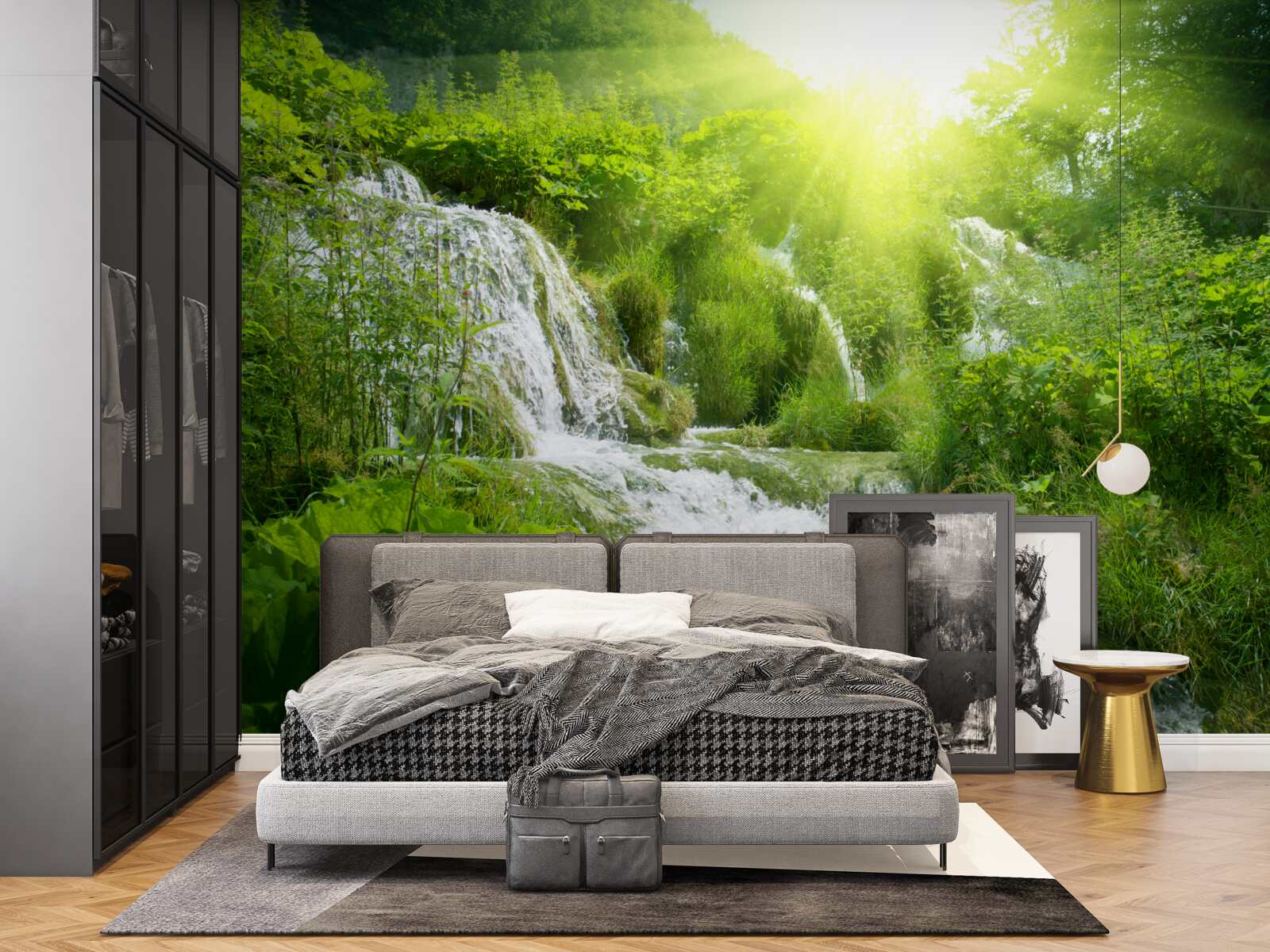 Fotobehang een verblindende zon verlicht een schuimende waterval