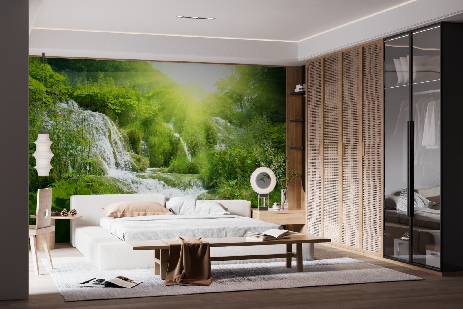 Fotobehang een verblindende zon verlicht een schuimende waterval