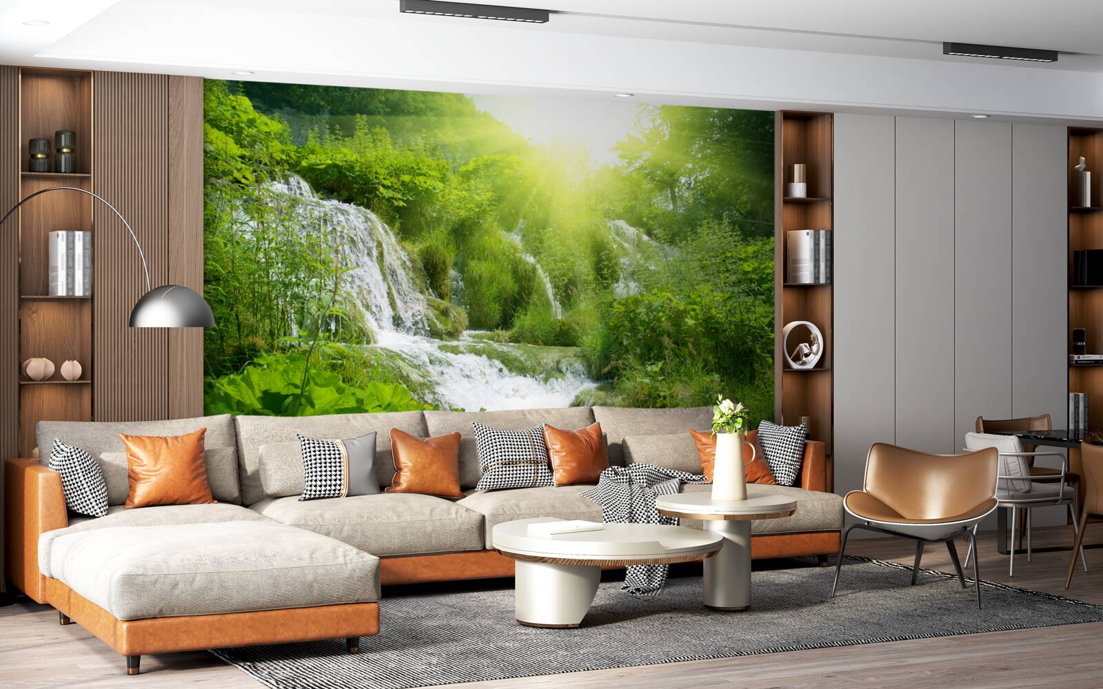 Fotobehang een verblindende zon verlicht een schuimende waterval