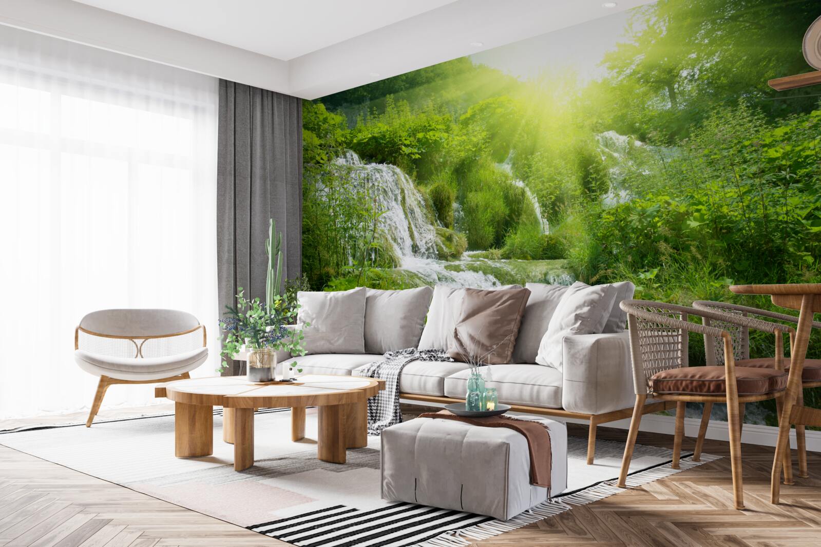 Fotobehang een verblindende zon verlicht een schuimende waterval