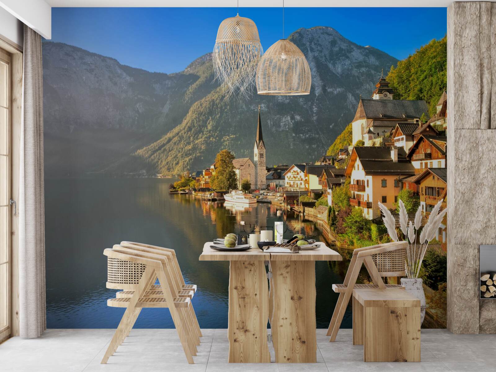 Fotobehang een dorp in zwitserland omringd door vijvers en bergen