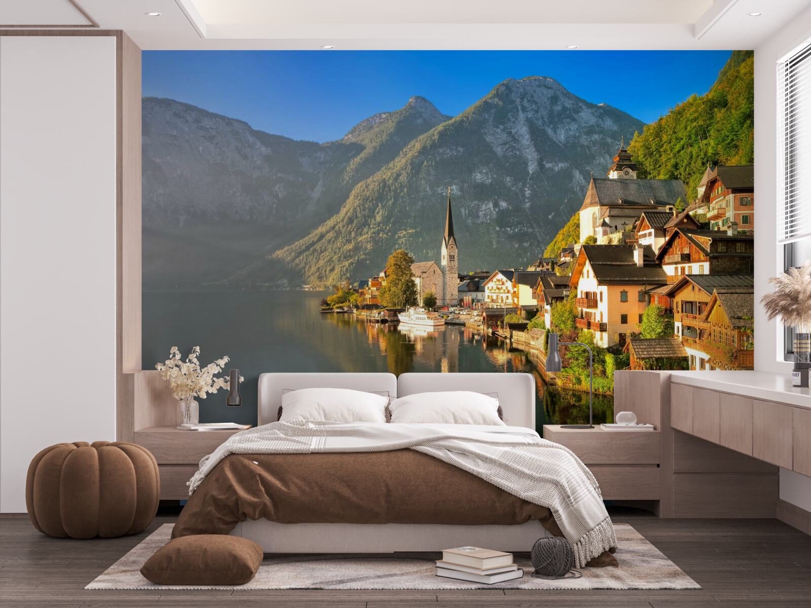 Fotobehang een dorp in zwitserland omringd door vijvers en bergen