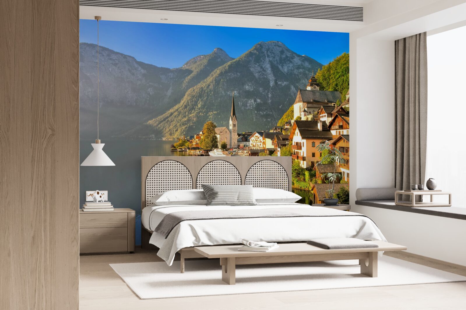 Fotobehang een dorp in zwitserland omringd door vijvers en bergen