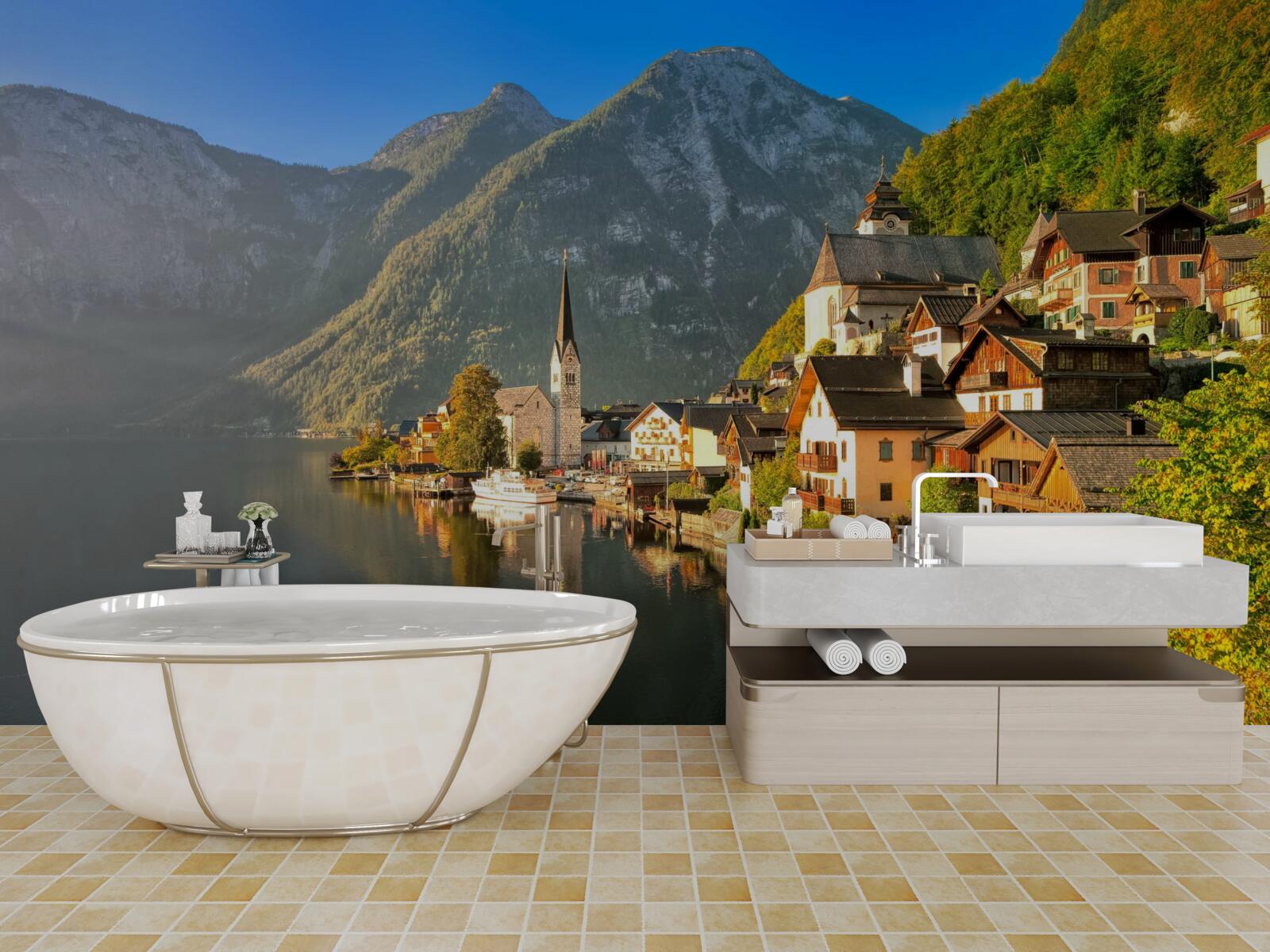 Fotobehang een dorp in zwitserland omringd door vijvers en bergen