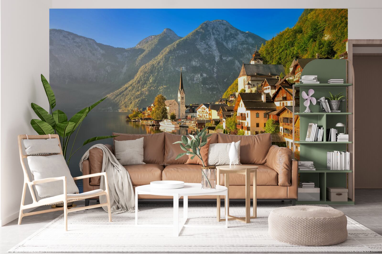 Fotobehang een dorp in zwitserland omringd door vijvers en bergen