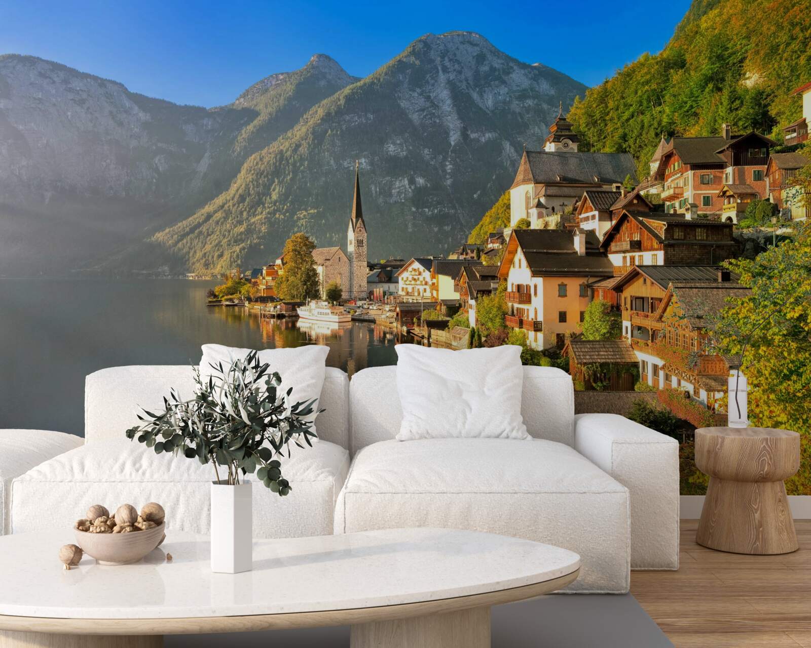 Fotobehang een dorp in zwitserland omringd door vijvers en bergen