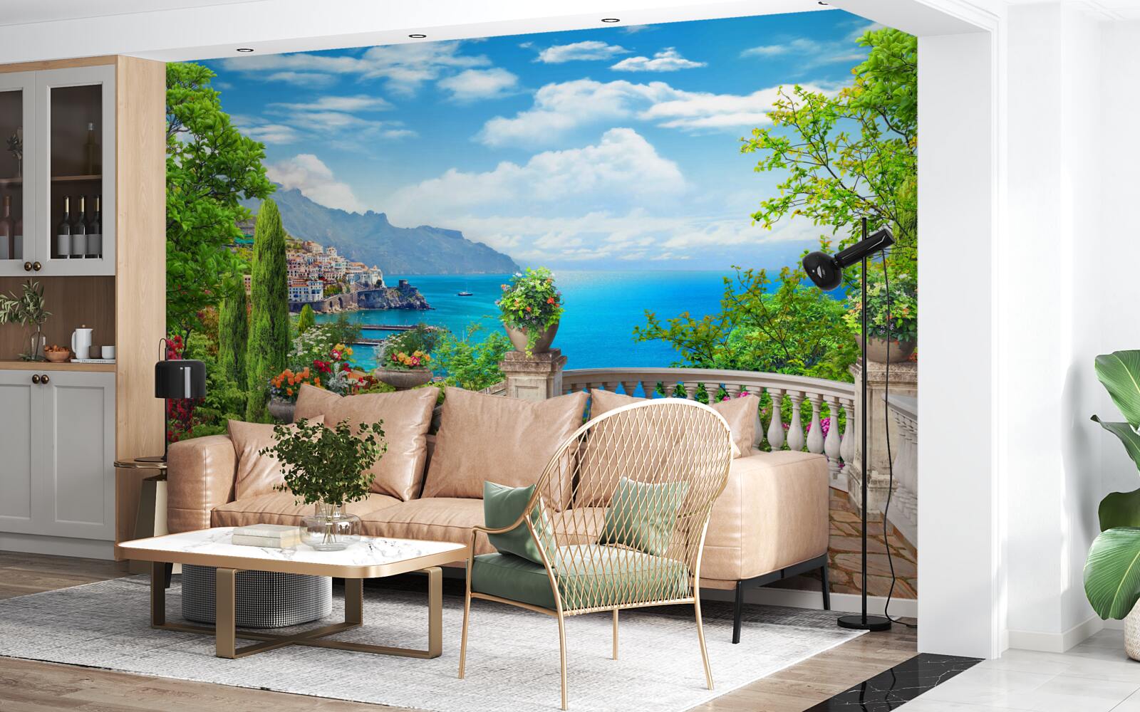 Fotobehang stenen observatieplatform met uitzicht op zee