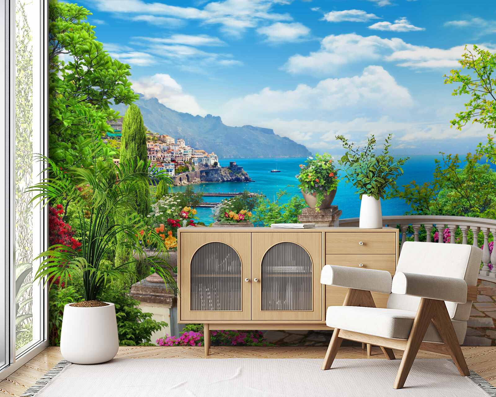 Fotobehang stenen observatieplatform met uitzicht op zee