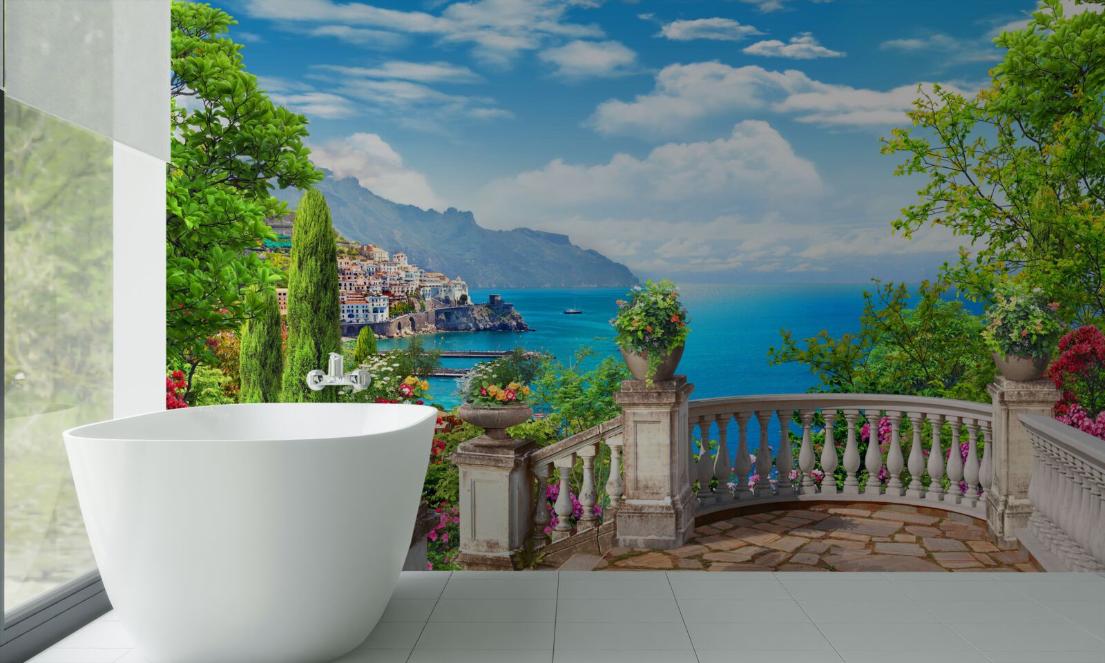 Fotobehang stenen observatieplatform met uitzicht op zee