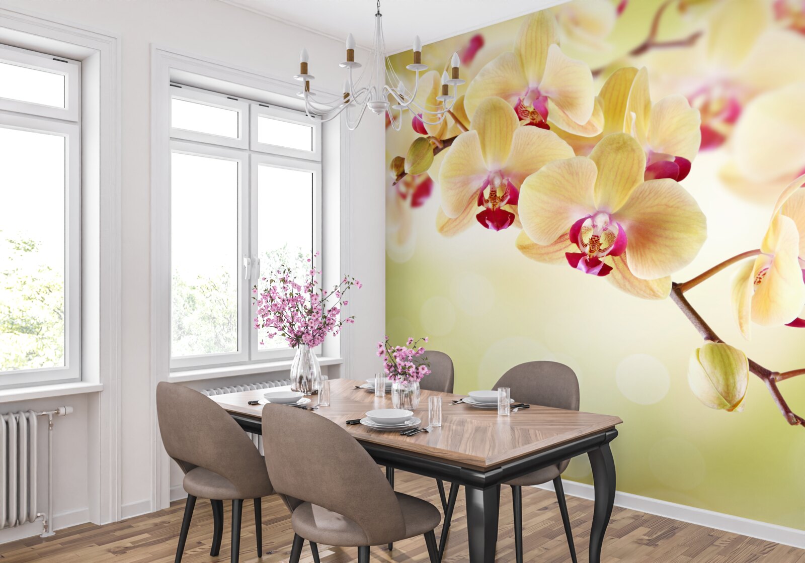 Fotobehang zachte crèmekleurige orchidee met sierlijke knoppen