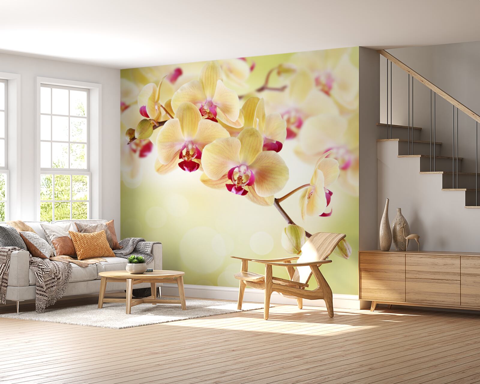 Fotobehang zachte crèmekleurige orchidee met sierlijke knoppen