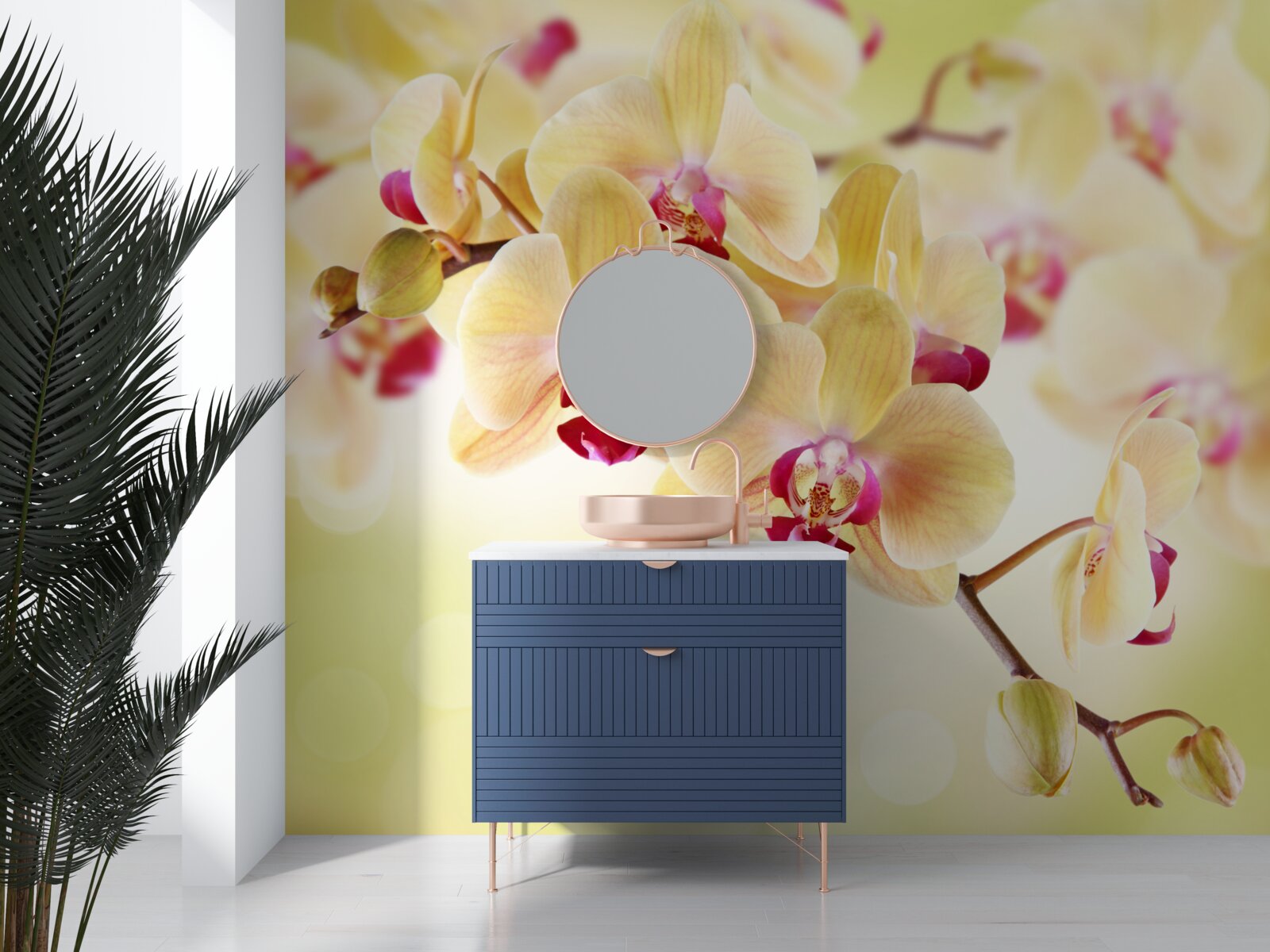 Fotobehang zachte crèmekleurige orchidee met sierlijke knoppen