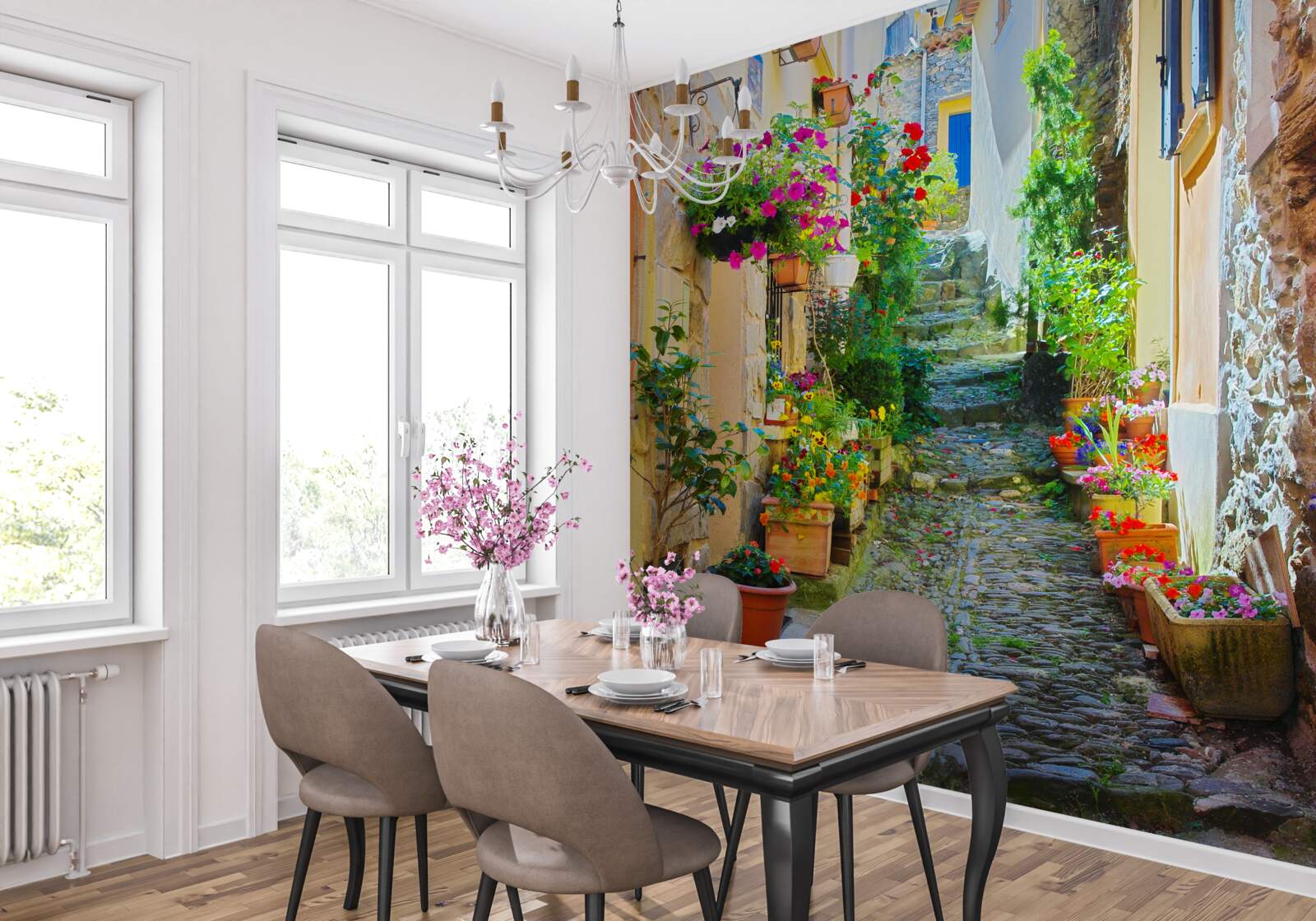 Fotobehang een smal en gezellig straatje in het oude gedeelte van de stad, omringd door bloemen