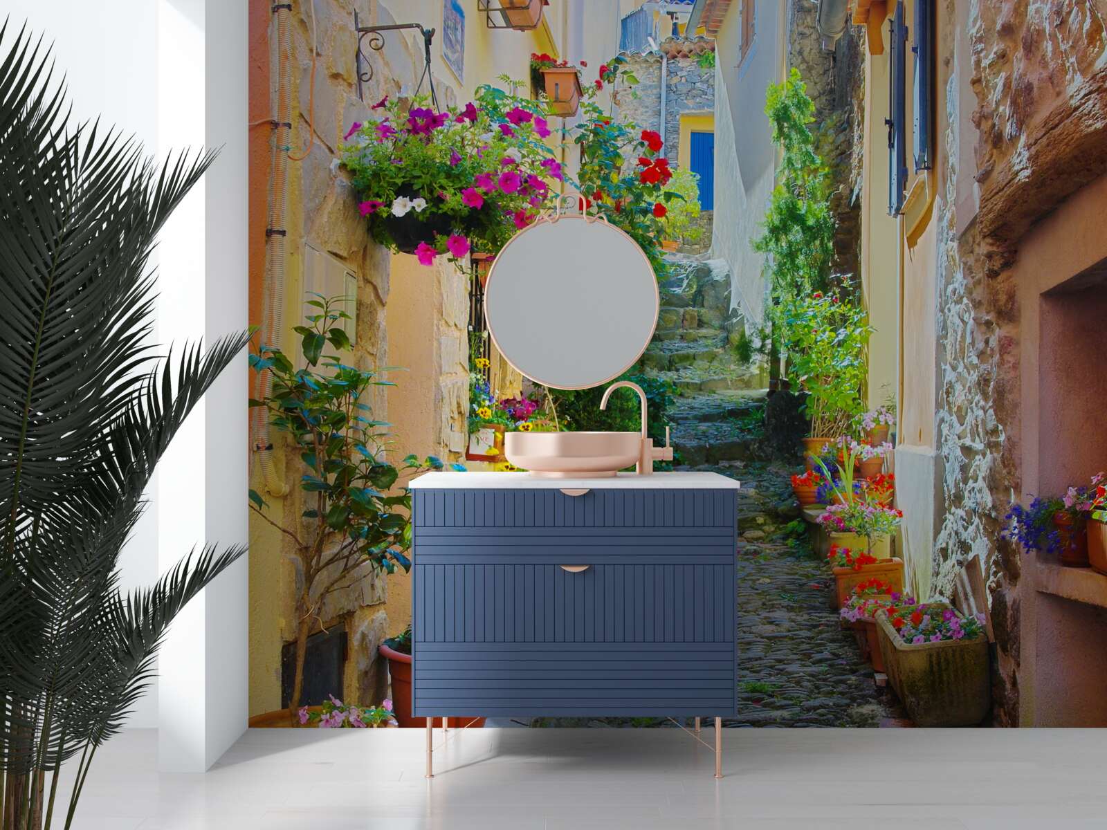 Fotobehang een smal en gezellig straatje in het oude gedeelte van de stad, omringd door bloemen